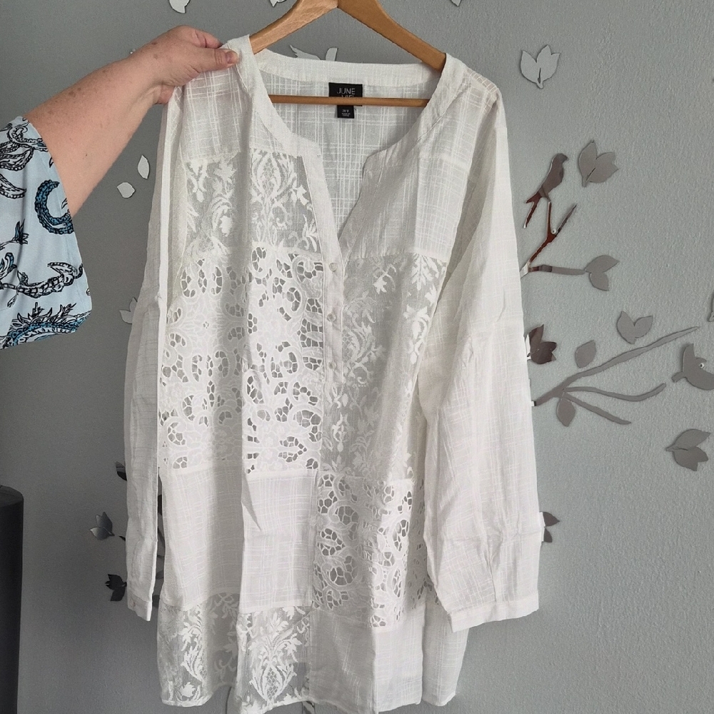 June + Vie Cotton Henley Blouse 3/4 Sleeves Size 28W